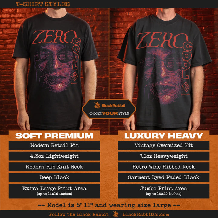 Black Rabbit Zero Cool shirt style comparison showing Soft Premium and Luxury Heavy fits with model examples and fabric details. 
