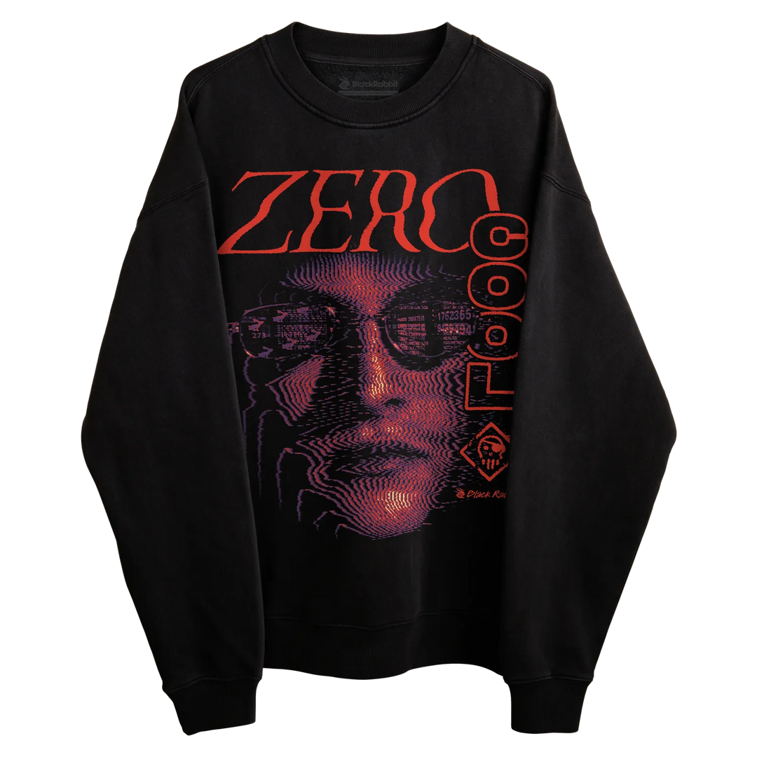 Black Crewneck Sweatshirt with large Zero Cool graphic featuring red lettering, purple halftone face artwork, and retro cyberpunk-inspired design. 