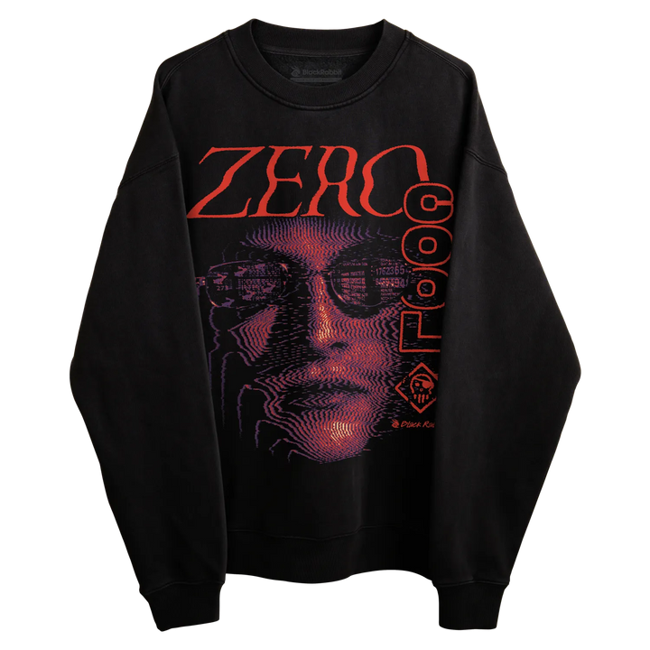 Black Crewneck Sweatshirt with large Zero Cool graphic featuring red lettering, purple halftone face artwork, and retro cyberpunk-inspired design. 