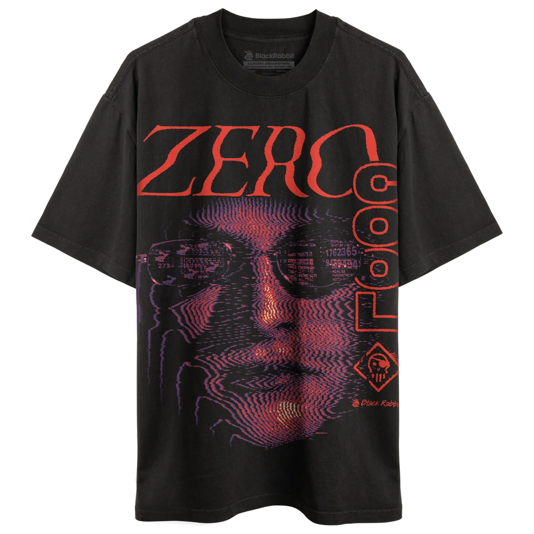 Black Heavyweight Streetwear Style Oversized T-Shirt with extremely large Zero Cool graphic featuring red lettering, purple halftone face artwork, and retro cyberpunk-inspired design. 