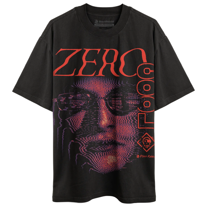Black Heavyweight Streetwear Style Oversized T-Shirt with extremely large Zero Cool graphic featuring red lettering, purple halftone face artwork, and retro cyberpunk-inspired design. 