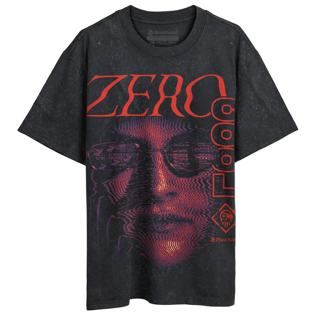 Black Stone Washed Heavyweight Streetwear Style Oversized T-Shirt with extremely large Zero Cool graphic featuring red lettering, purple halftone face artwork, and retro cyberpunk-inspired design. 