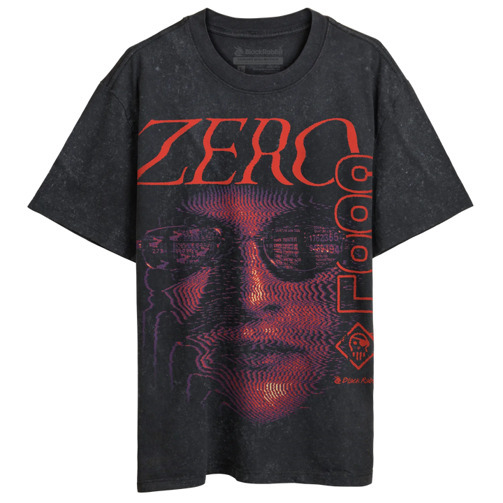 Black Stone Washed Heavyweight Streetwear Style Oversized T-Shirt with extremely large Zero Cool graphic featuring red lettering, purple halftone face artwork, and retro cyberpunk-inspired design. 