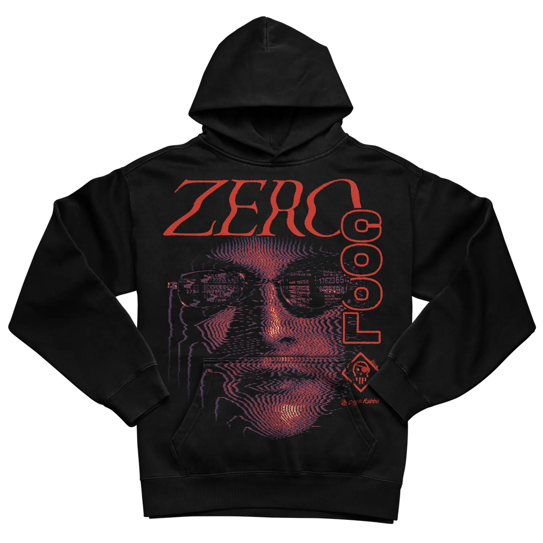 Black Oversized Streetwear-Style Hoodie with Oversized Zero Cool graphic printed across the entire front and kangaroo pocket. Graphic features red lettering, purple halftone face artwork, and retro cyberpunk-inspired design. 