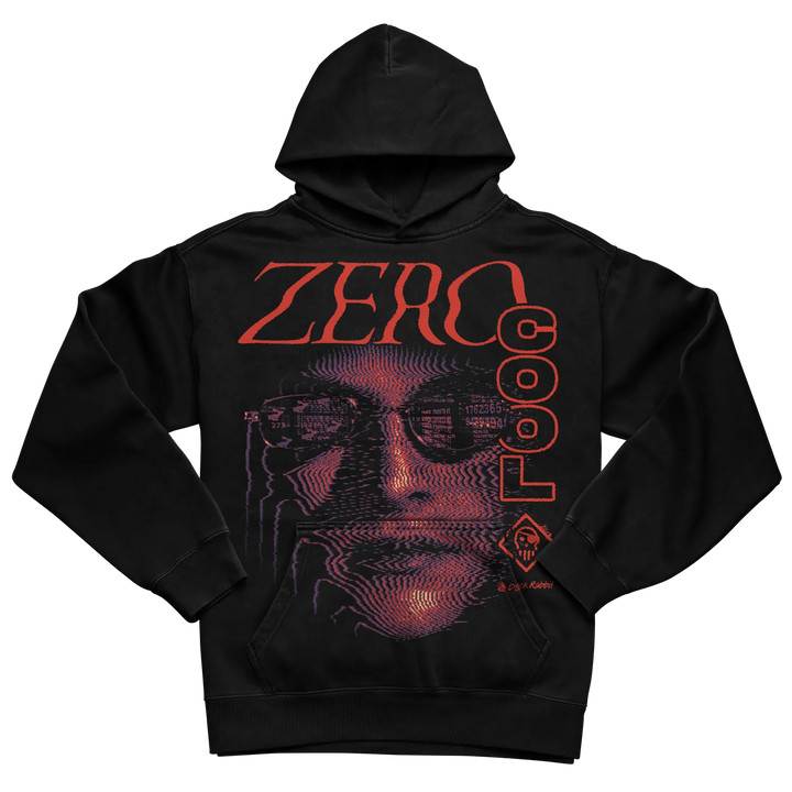 Black Oversized Streetwear-Style Hoodie with Oversized Zero Cool graphic printed across the entire front and kangaroo pocket. Graphic features red lettering, purple halftone face artwork, and retro cyberpunk-inspired design. 
