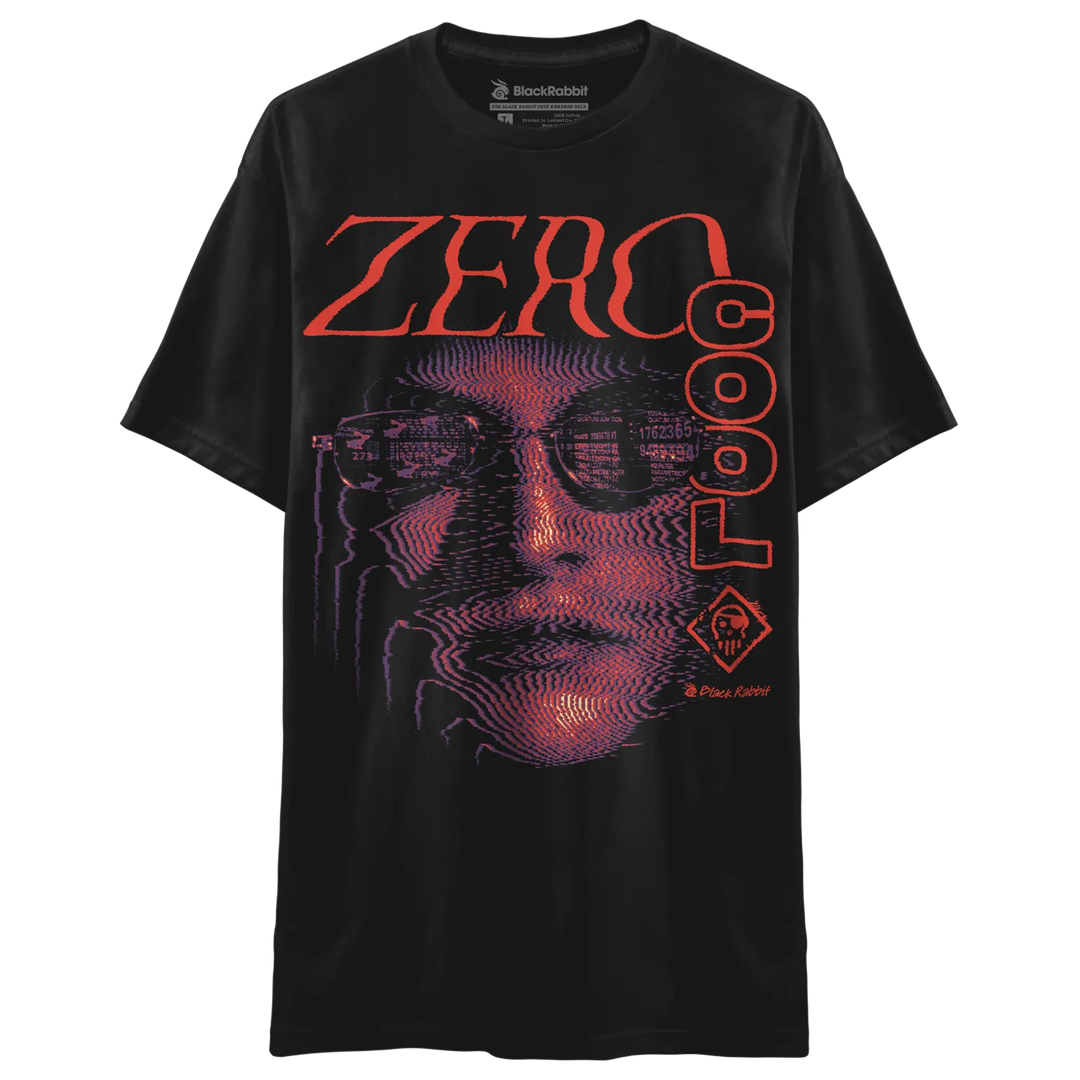 Black T-shirt with large Zero Cool graphic featuring red lettering, purple halftone face artwork, and retro cyberpunk-inspired design. 