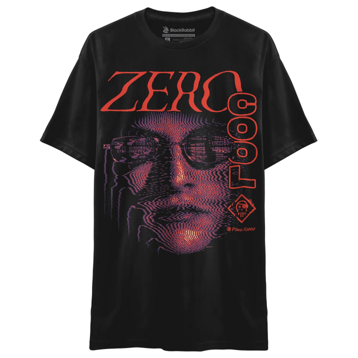 Black T-shirt with large Zero Cool graphic featuring red lettering, purple halftone face artwork, and retro cyberpunk-inspired design. 