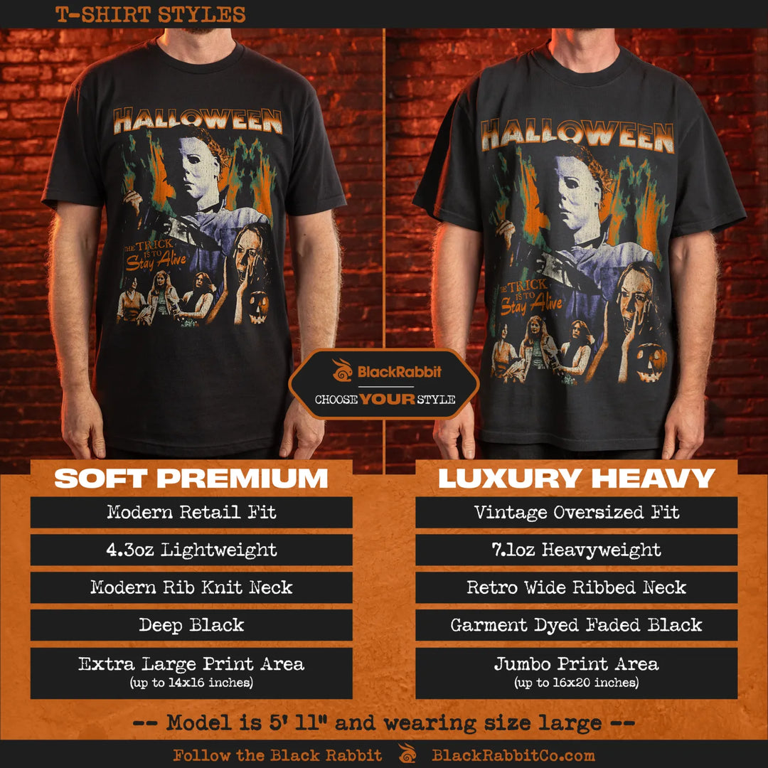 Two black t-shirts, one a soft premium fit and the other a luxury heavy vintage oversized fit, both featuring a ’Hackers’ graphic print. 