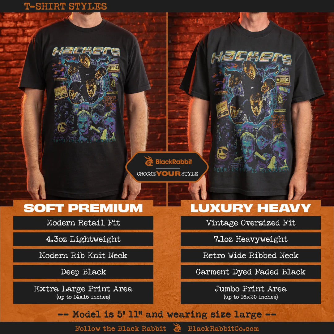 Two black t-shirts, one a soft premium fit and the other a luxury heavy vintage oversized fit, both featuring a ’Hackers’ graphic print.