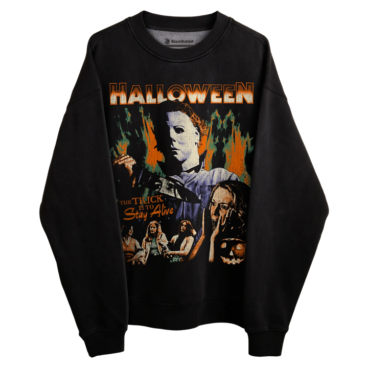 Black michael myers halloween sweatshirt with flame design and text.