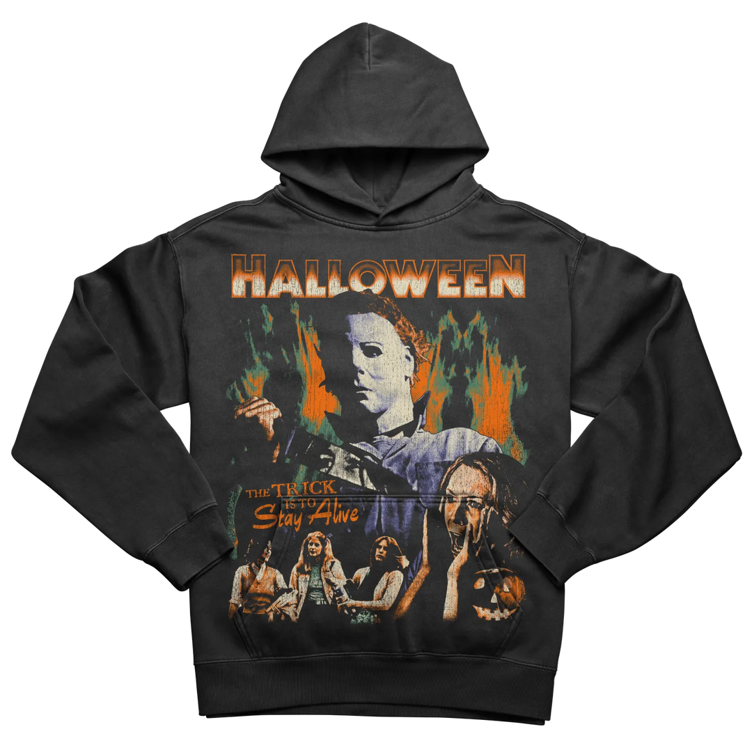 Dark gray hooded sweatshirt featuring a distressed graphic print of Michael Myers from Halloween.