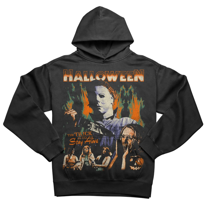Dark gray hooded sweatshirt featuring a distressed graphic print of Michael Myers from Halloween.