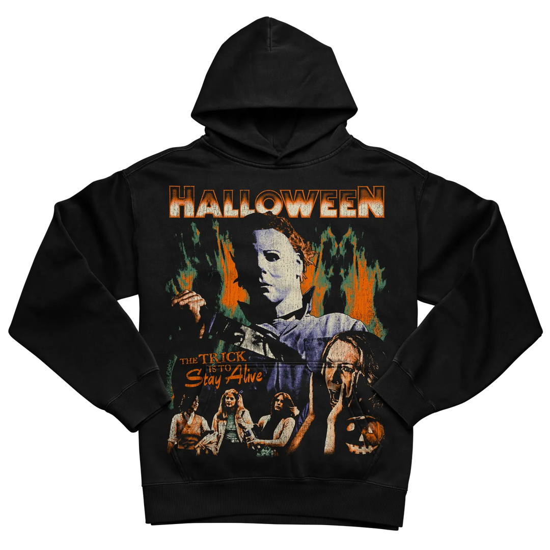 Black michael myers halloween hoodie with flame design and text.