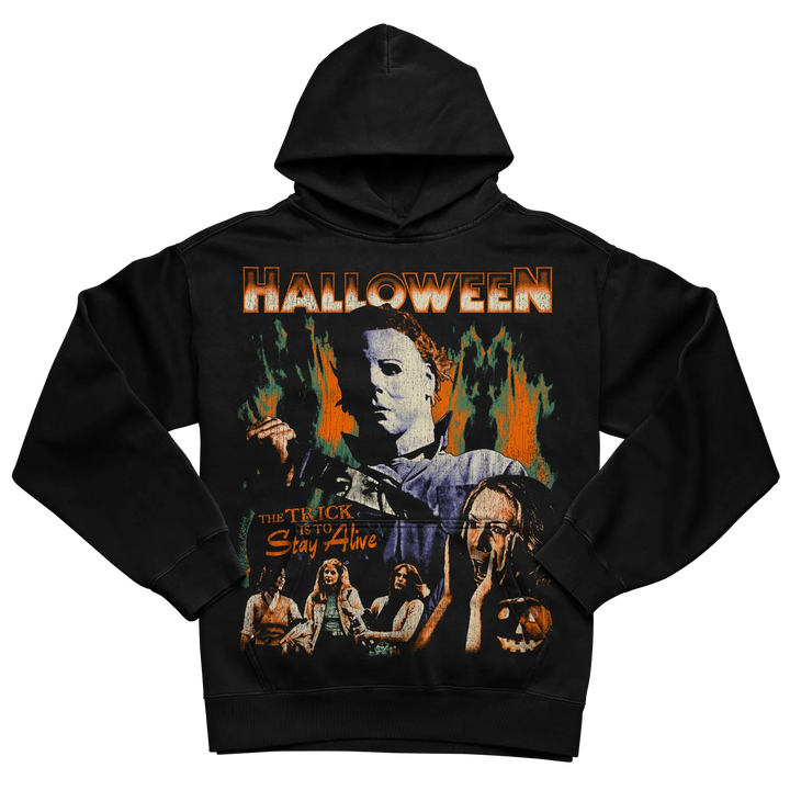 Black michael myers halloween hoodie with flame design and text.