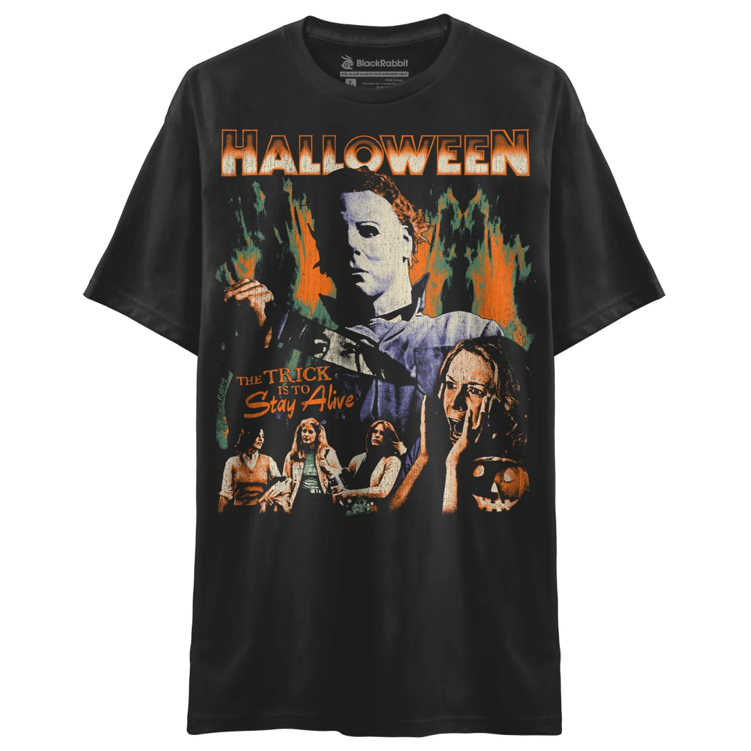 Black t-shirt with a vintage Halloween movie poster graphic.