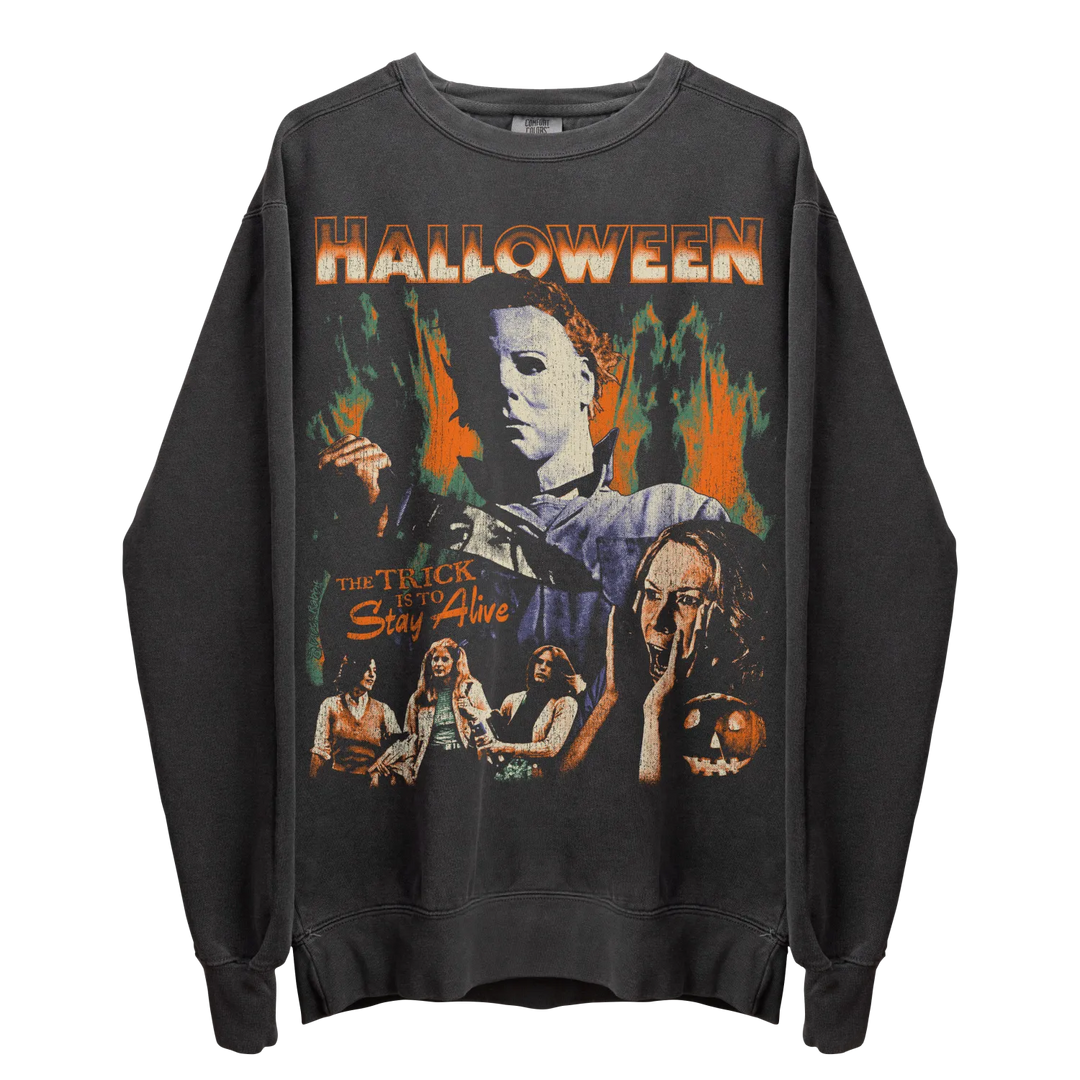 Dark gray crewneck sweatshirt with a colorful Halloween movie poster graphic.