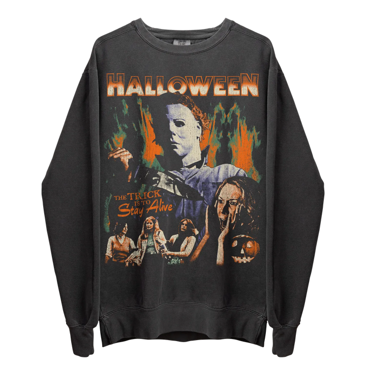 Dark gray crewneck sweatshirt with a colorful Halloween movie poster graphic.