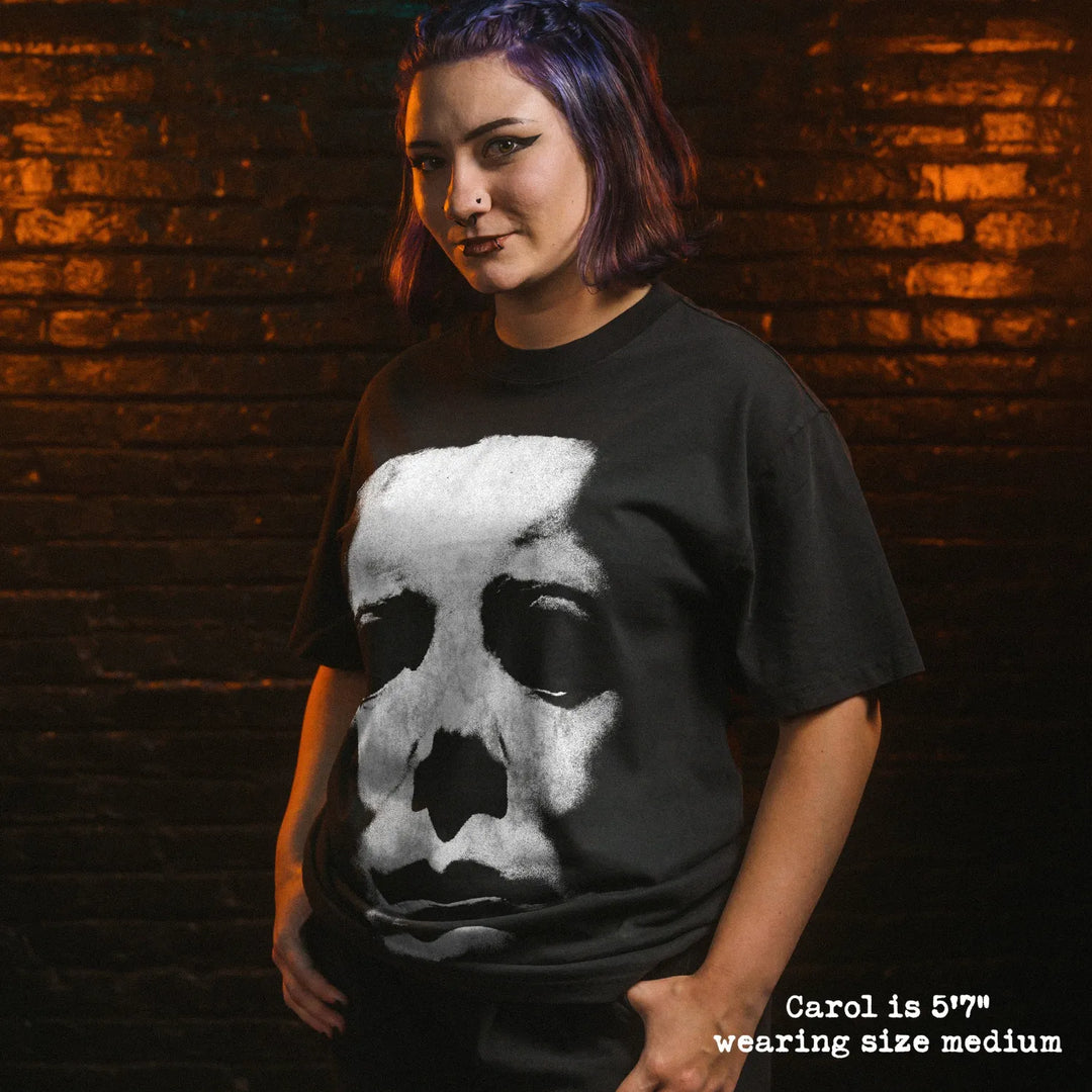 Model wearing heavy tee with michael myers mask graphic 