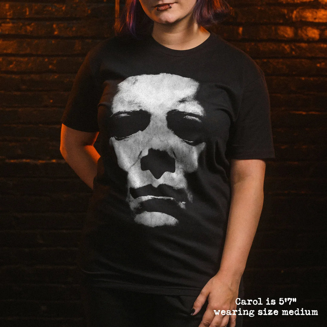 Model wear soft premium tee with michael myers mask graphic

