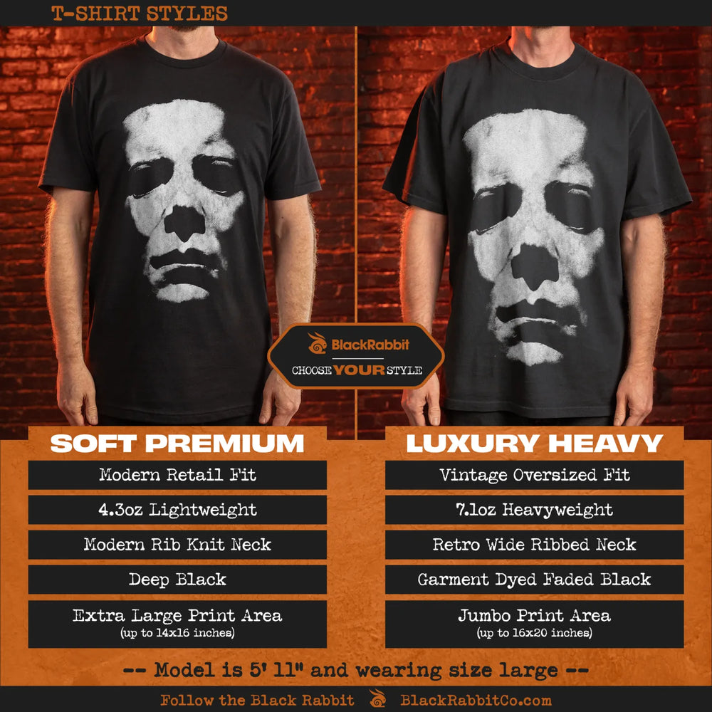 A comparison of two black t-shirts with a white skull design, highlighting their fit, weight, neck style, color, and print area.