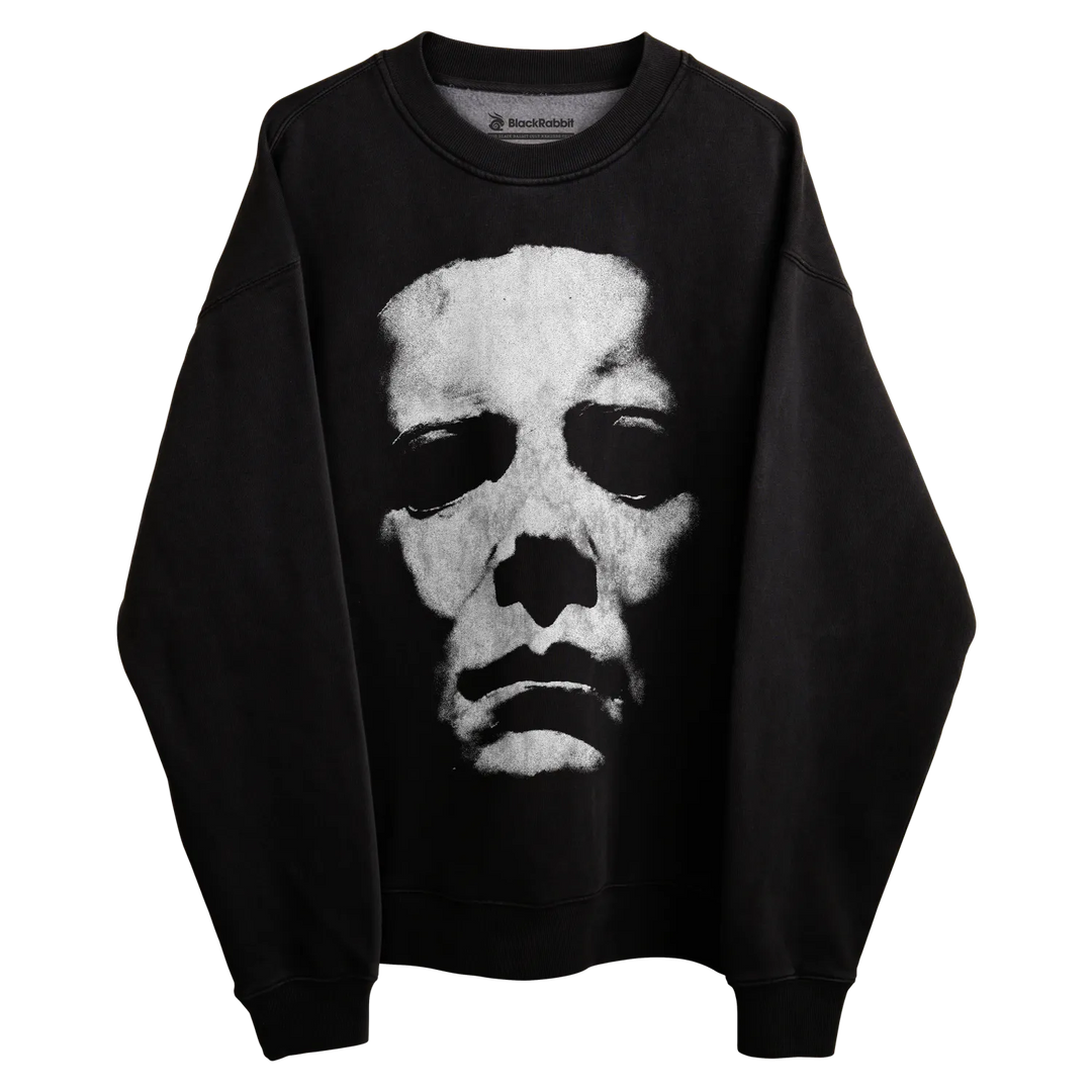 Black michael myers sweatshirt with white face design.