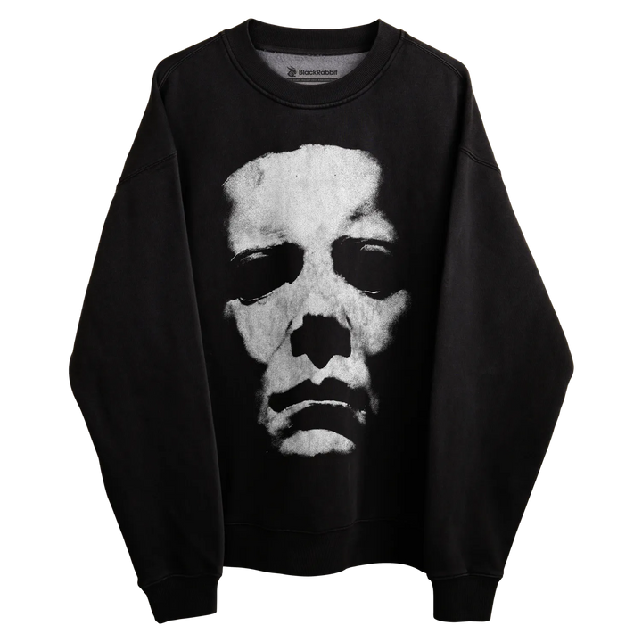 Black michael myers sweatshirt with white face design.