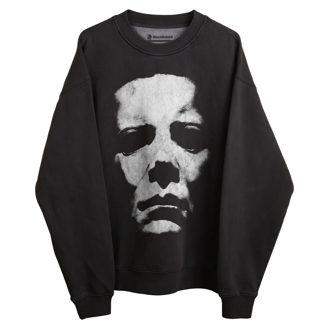 Black michael myers sweatshirt with white face design, rockabilia brand.