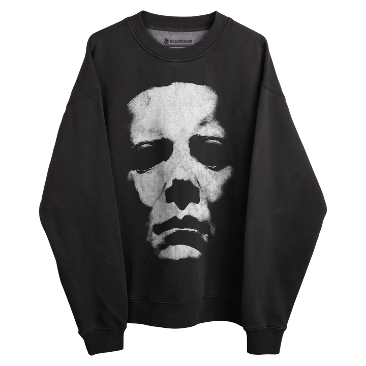Black michael myers sweatshirt with white face design, rockabilia brand.