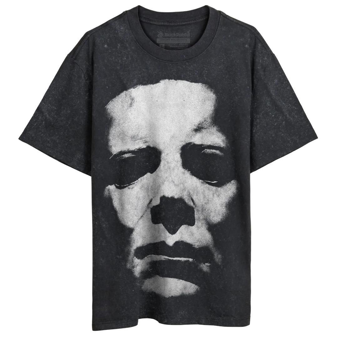 Dark grey t-shirt with a distressed, faded white graphic of a face.