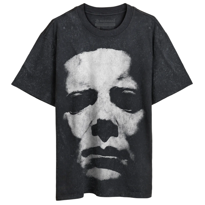 Dark grey t-shirt with a distressed, faded white graphic of a face.