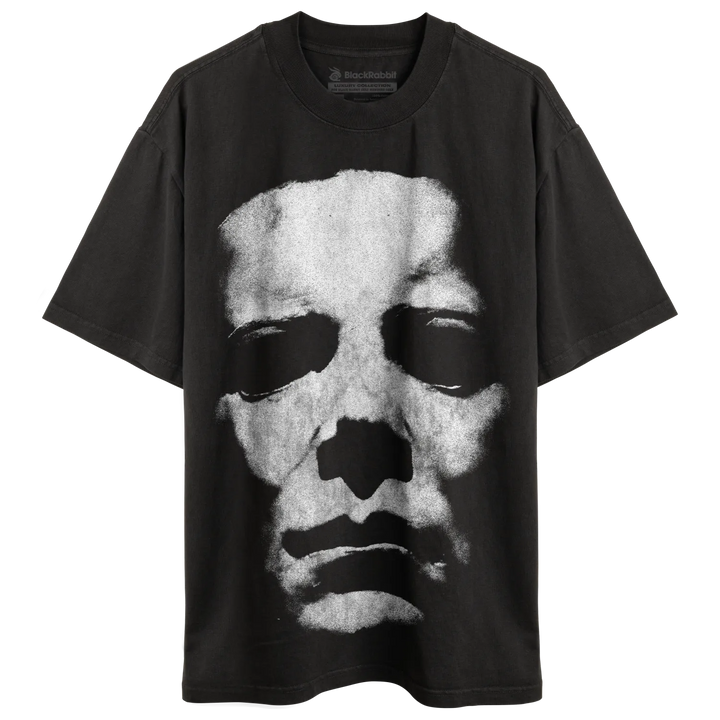 Black t-shirt with a distressed white skull graphic.