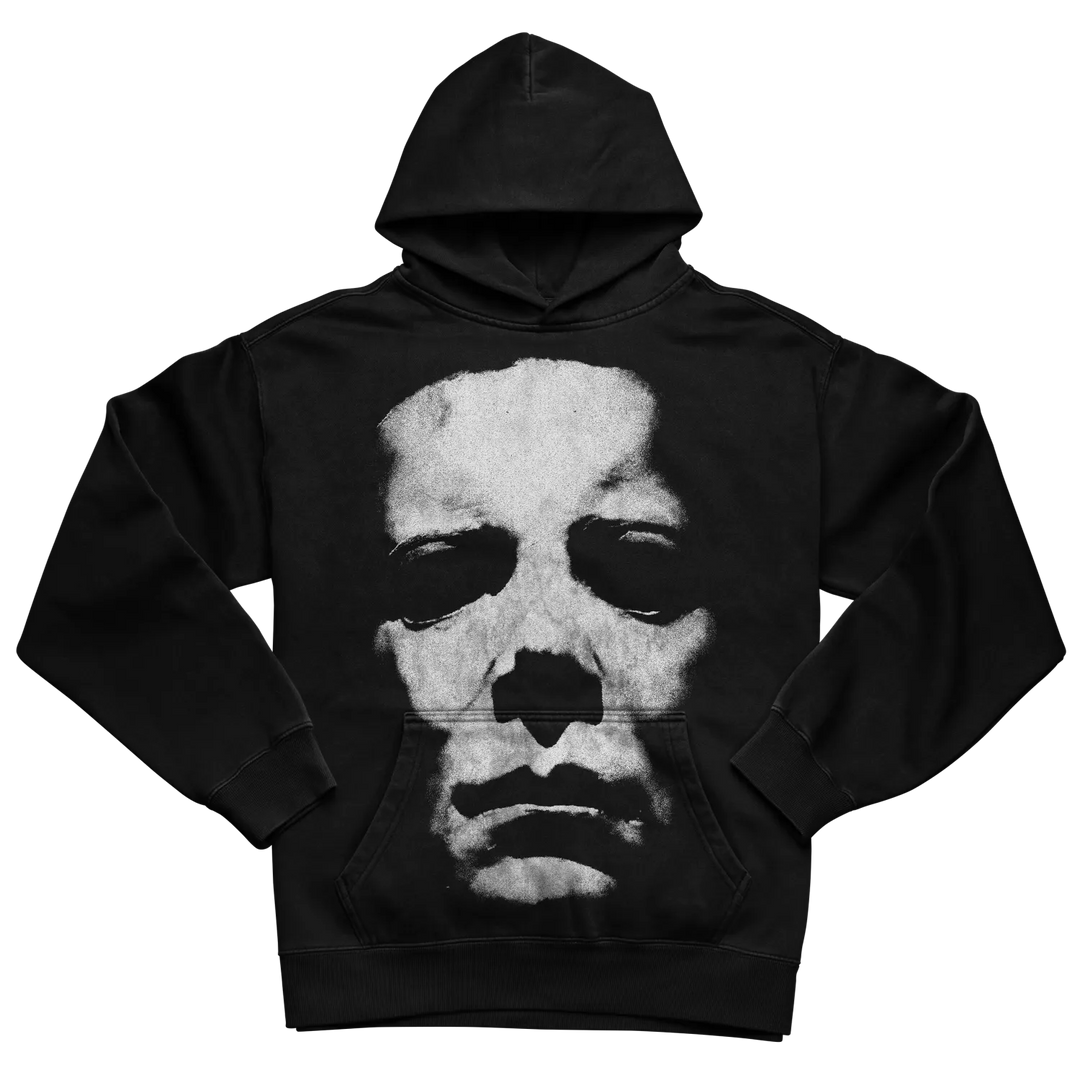Black michael myers hoodie with white face design, inspired by the halloween franchise.
