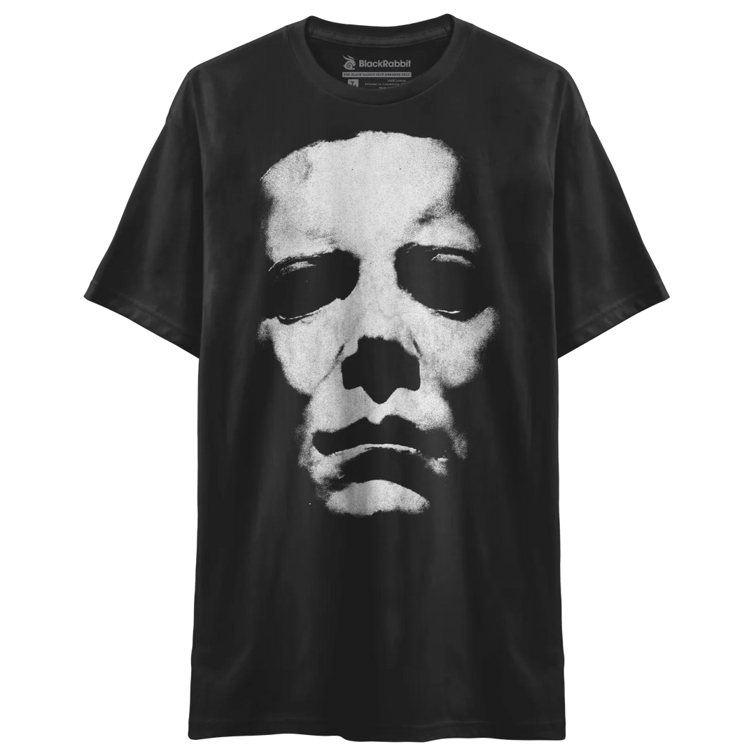 Black short-sleeved t-shirt with a distorted white skull graphic on the front.