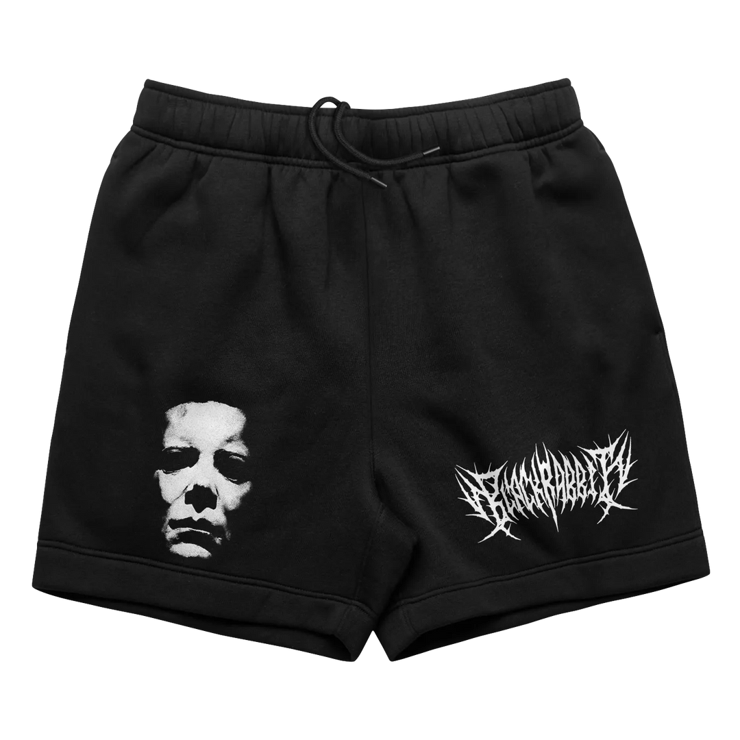 Black sweat shorts with a white Michael Myers mask and Black Rabbit logo