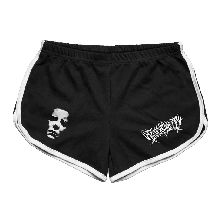 Black rabbit women’s retro sport shorts in preshrunk cotton with white side stripes and printed designs on legs