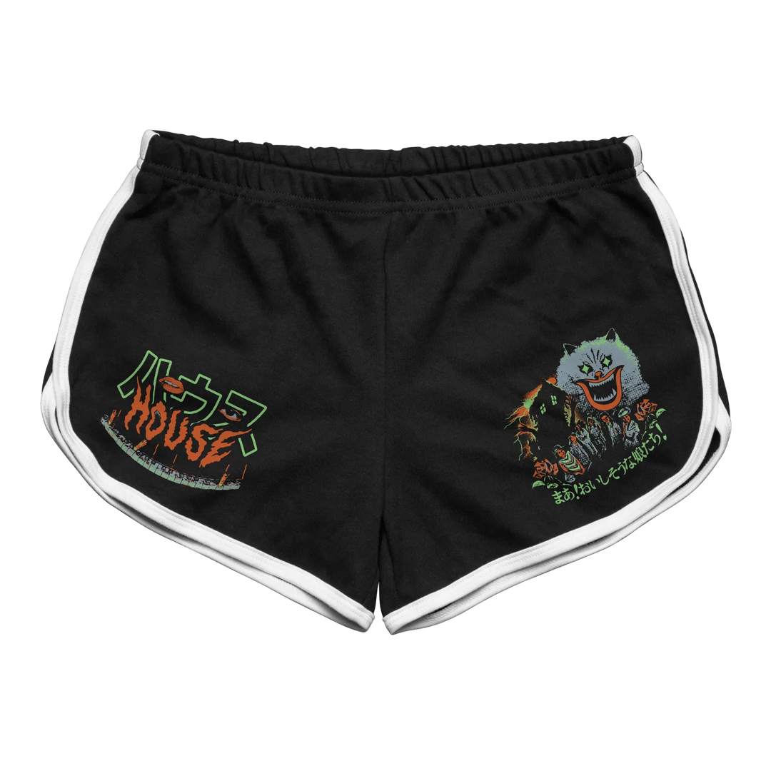 Hausu aka house 1977 women’s black retro sport shorts with white stripes, elastic waistband, and green orange house graphic featuring black rabbit cat
