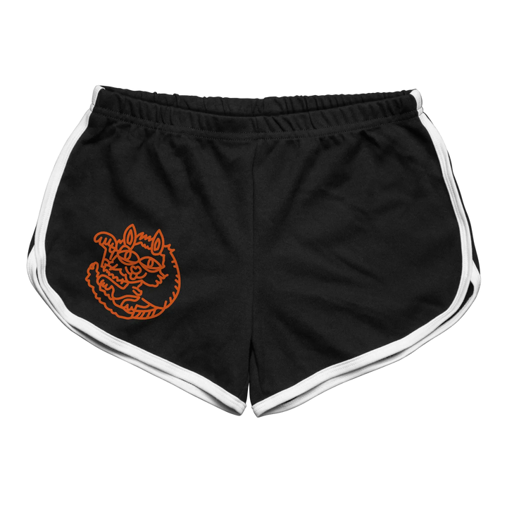 Black athletic shorts with white side stripes and an orange embroidered fox logo on the left leg.