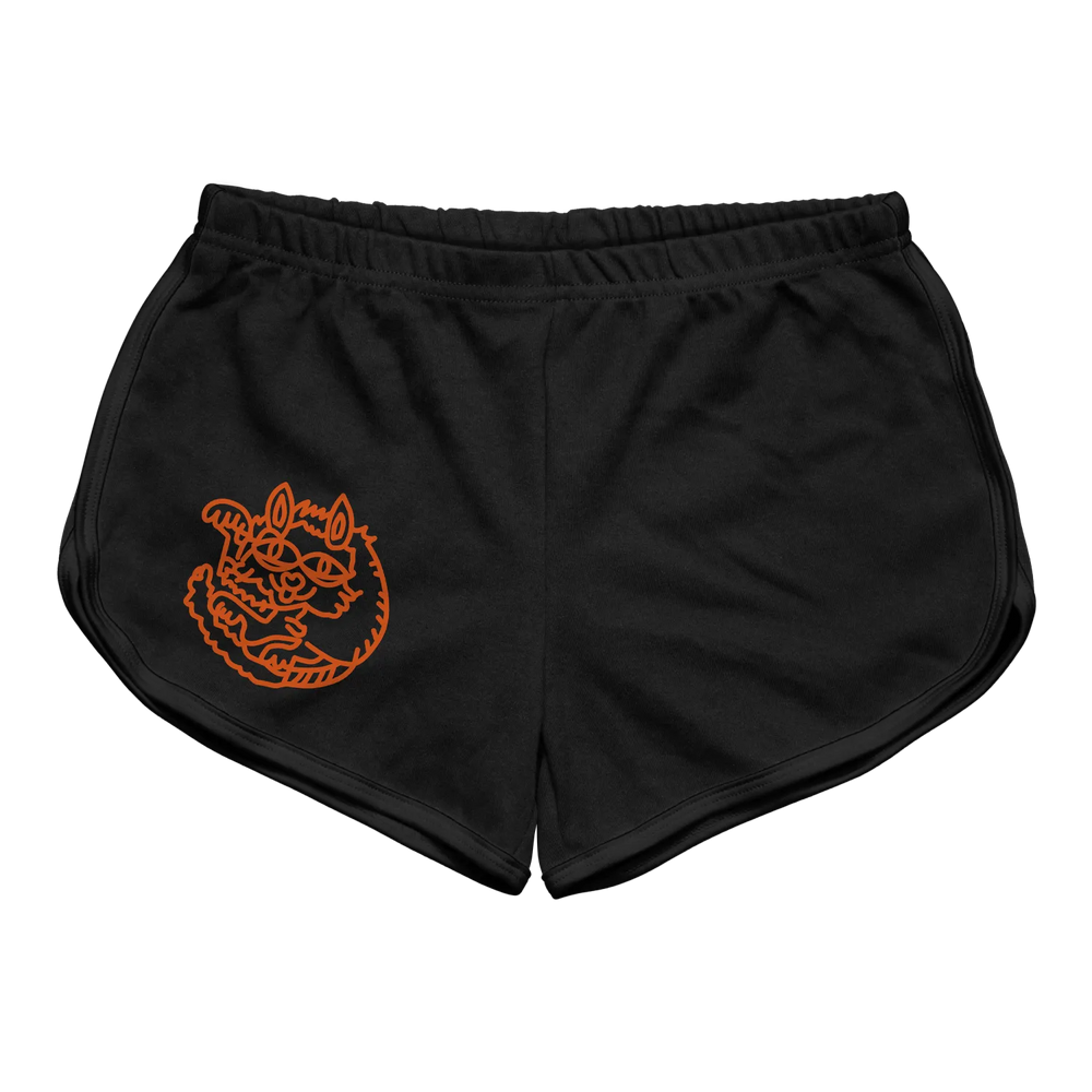 Black athletic shorts with an orange embroidered tiger graphic on the left leg.