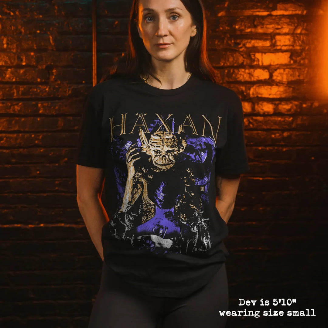 model wear soft premium tee with haxan graphic
