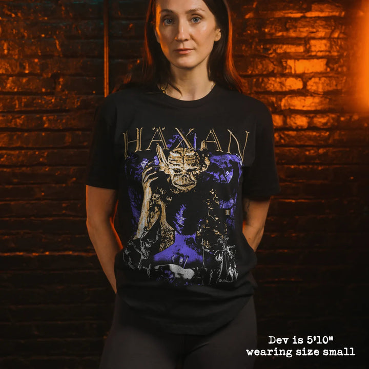 model wear soft premium tee with haxan graphic
