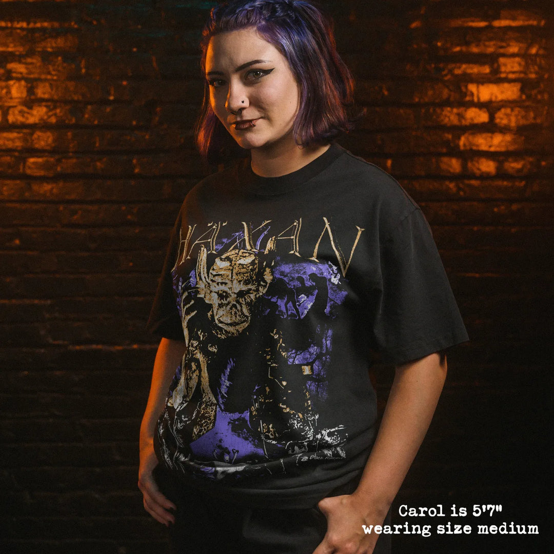 Model wearing heavy tee with haxan graphic 