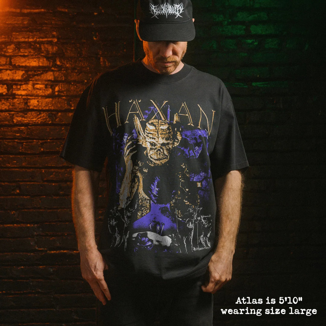 Model wearing heavy tee with haxan graphic 
