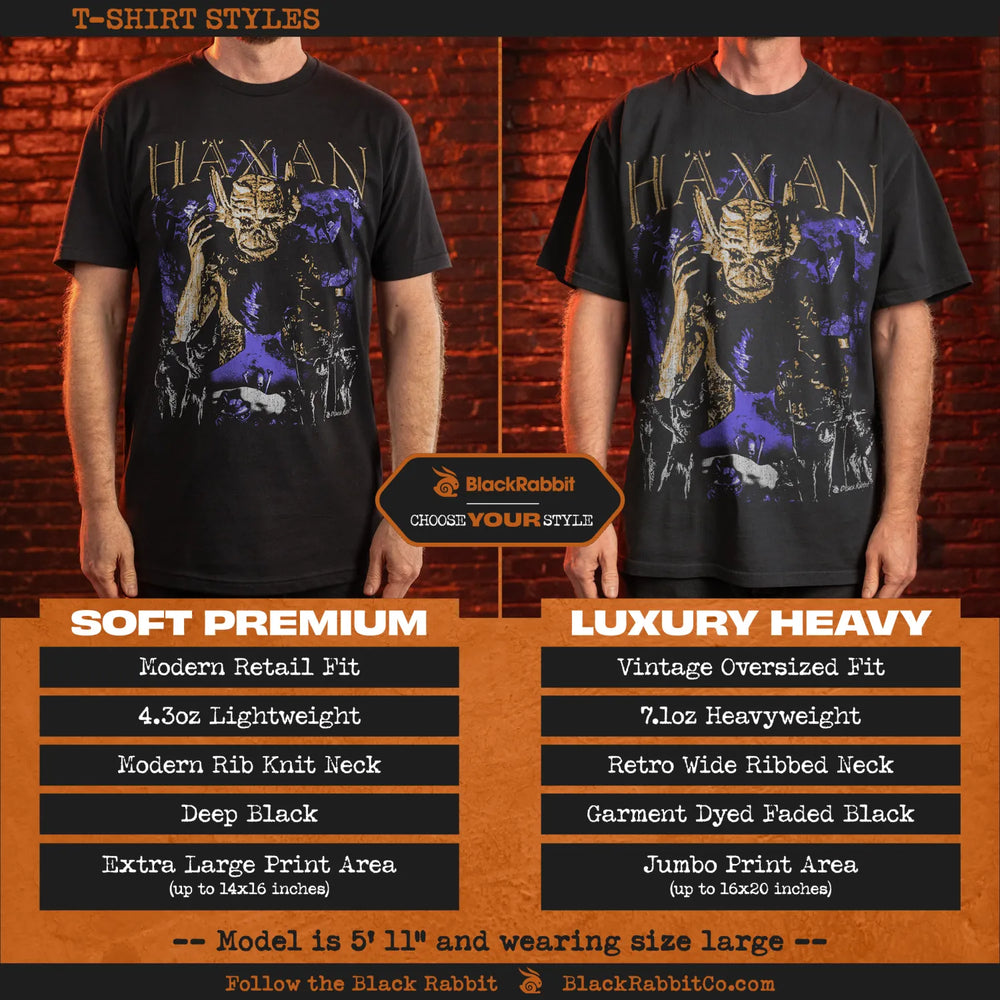 Two black t-shirts, one with a modern retail fit and the other with a vintage oversized fit, both featuring a ’HAXAN’ graphic design.