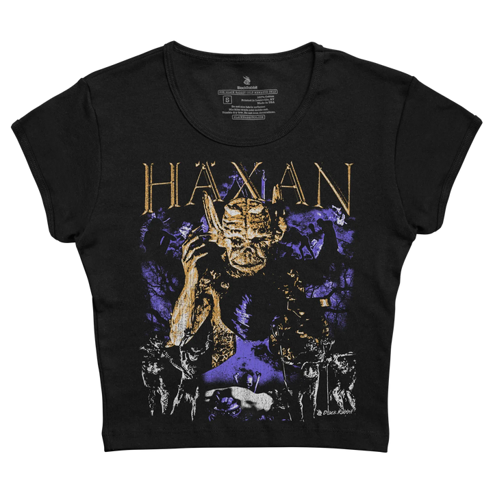 Black haxan graphic tee featuring a gold and purple demonic figure design