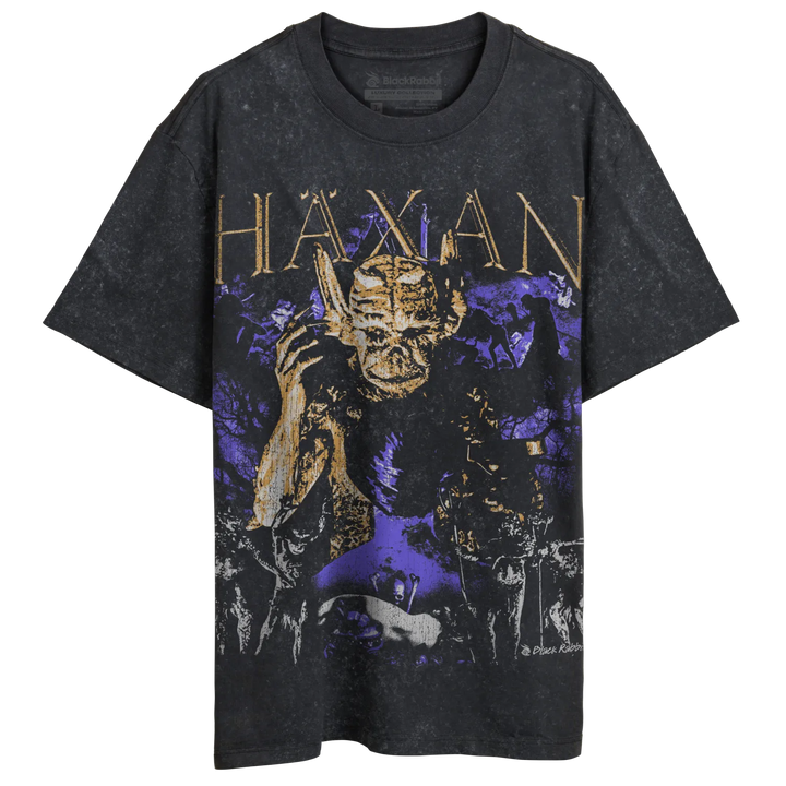 Washed black t-shirt with a vintage-style graphic print of a horned demon figure in purple and gold tones.