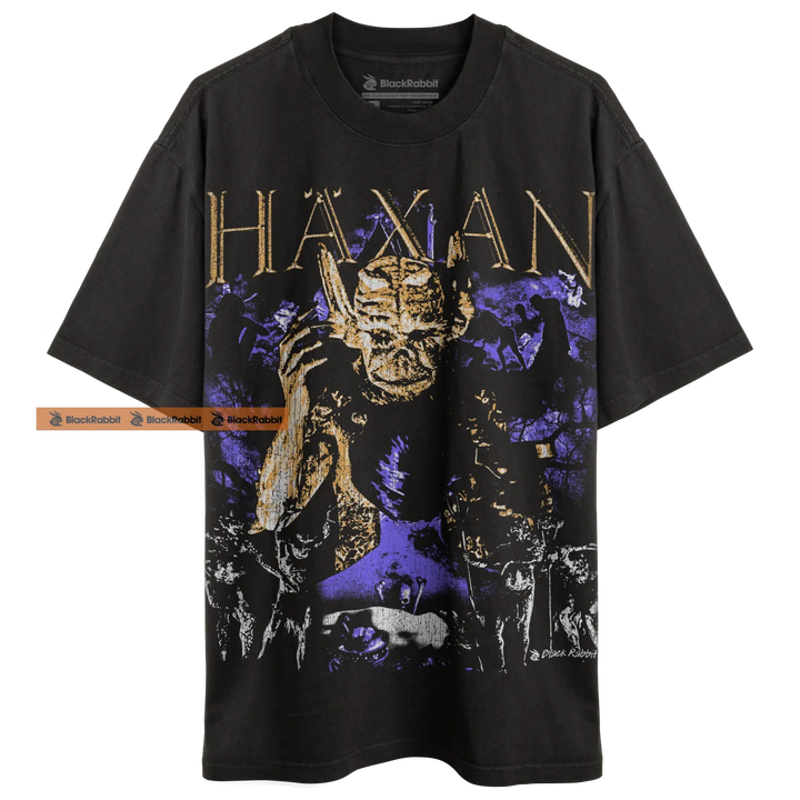 Black graphic t-shirt.