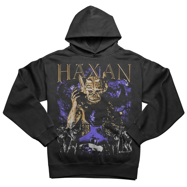 Black hooded sweatshirt with a distressed graphic print of a demonic figure.