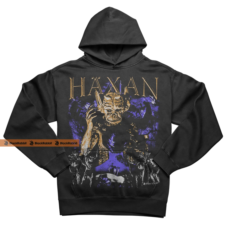 Black hoodie with a monster graphic.