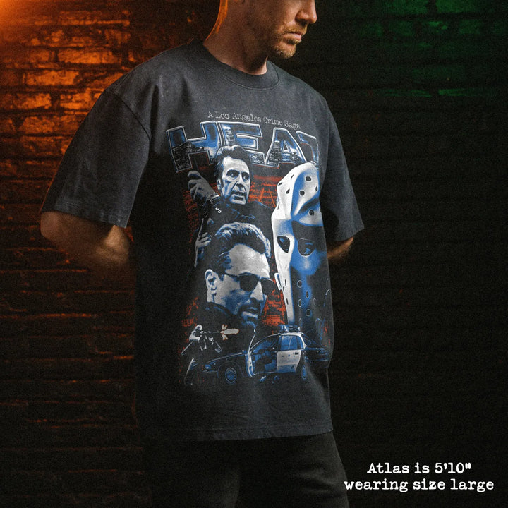Male model wearing stone wash heavy tee with heat graphic 