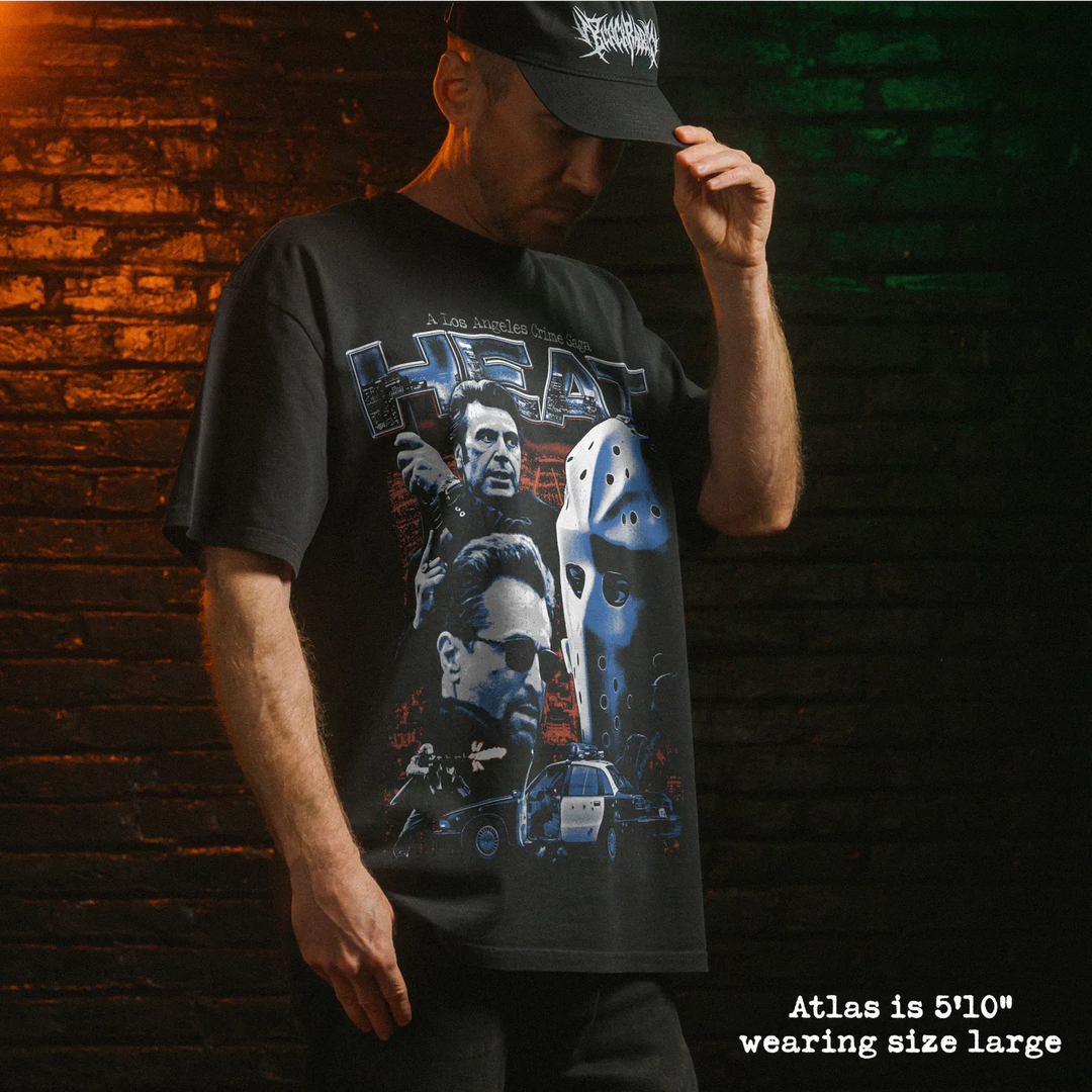 Model wearing heavy tee with heat graphic 